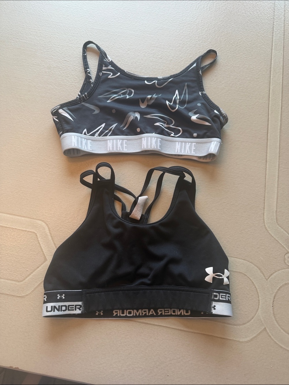 Nike and Under Armour Black & White Logo Sports Bra kids size M